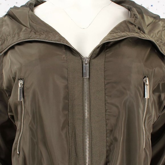Hooded Zip Up Windbreaker Utility Jacket Olive - Picture 3 of 8
